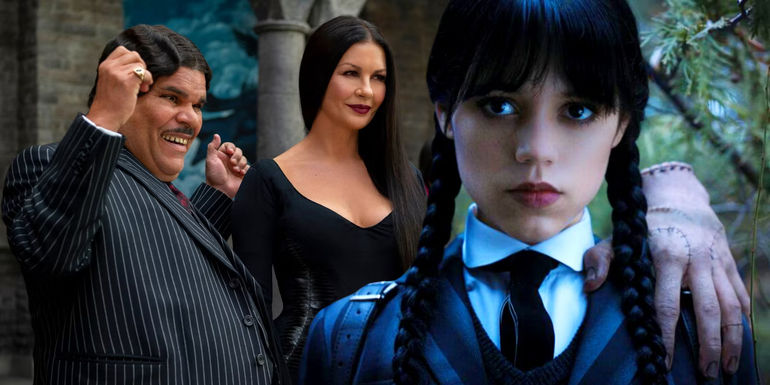 Gomez, Morticia, and Wednesday Addams with Thing on her shoulder