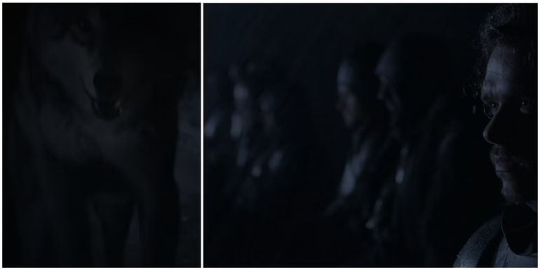 Split image of Grey Wind and Robb and the Stark cavalry in Game of Thrones.