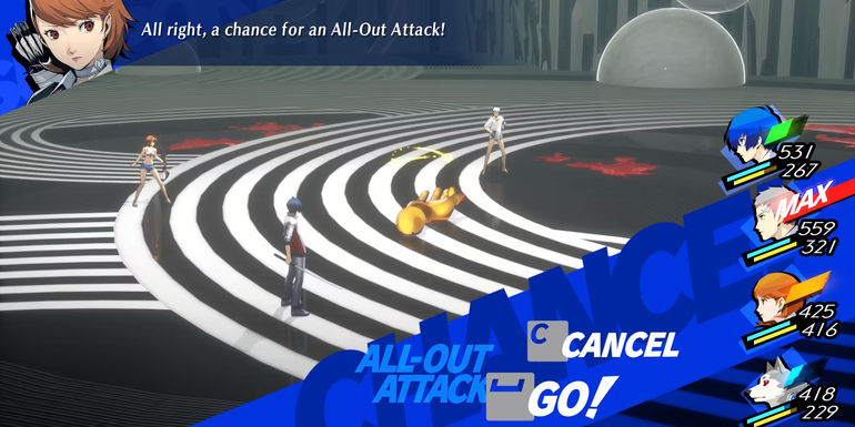 Image of Yukari and the team performing an all-out attack on the Final Checkmate enemy in Persona 3 Reload