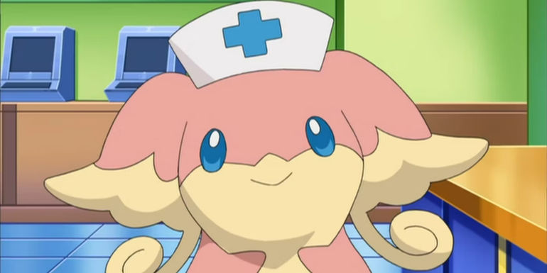 Pokemon: An Audino working as a nurse in the Pokemon Center.