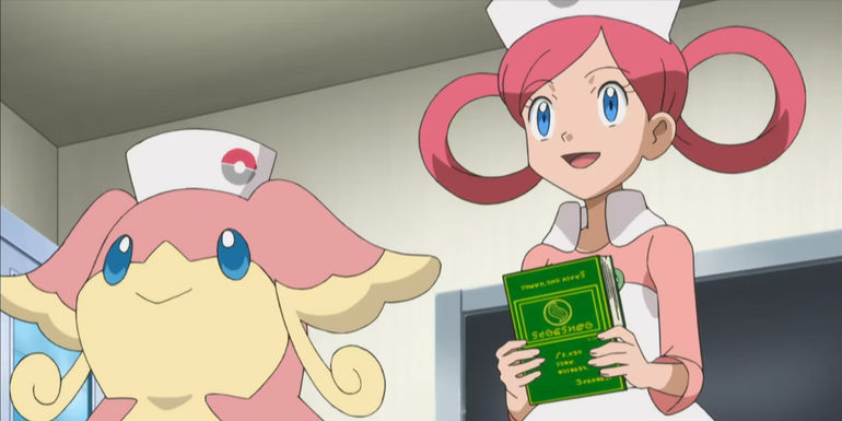 Pokemon: Nurse Joy holds a text on Mega Evolution with her Audino.