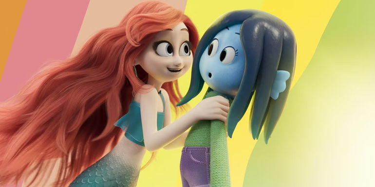 Annie Murphy and Lana Condor voice the mermaid and kraken in Ruby Gillman, Teenage Kraken with rainbow background