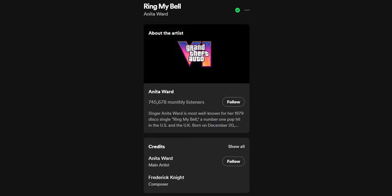 Anita Ward Ring My Bell GTA 6 cover artwork on Spotify - Ring My Bell's iconic disco rendition by Anita Ward may find its way into GTA 6