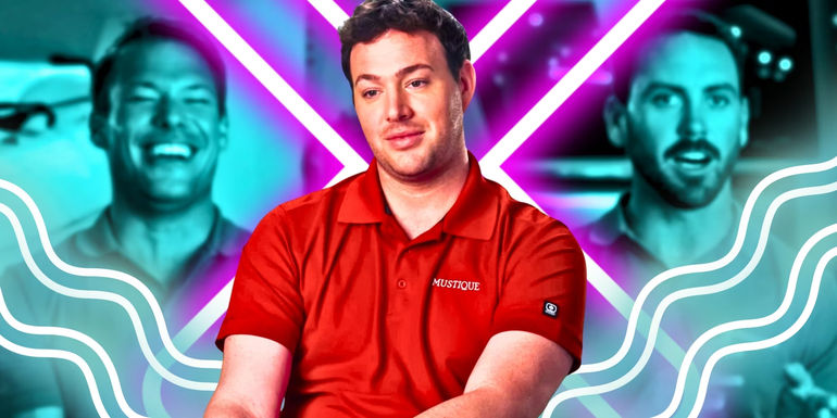 Below Deck's João Franco, Kyle Viljoen and Luke Jones, with neon X behind Kyle - Below Deck Med Seasons 7-8 - Kyle Viljoen Caused A Ton Of Drama