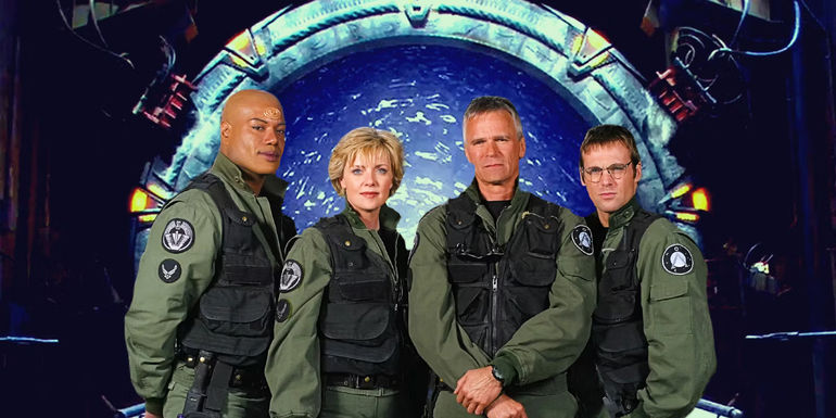 The main cast of Stargate SG-1 stand in front of the unstable vortex. - TV Series Started In 1997 - Stargate SG-1