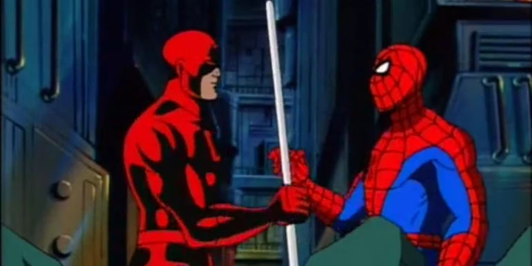 Daredevil hands Spider-Man a bo staff in Spider-Man: The Animated Series
