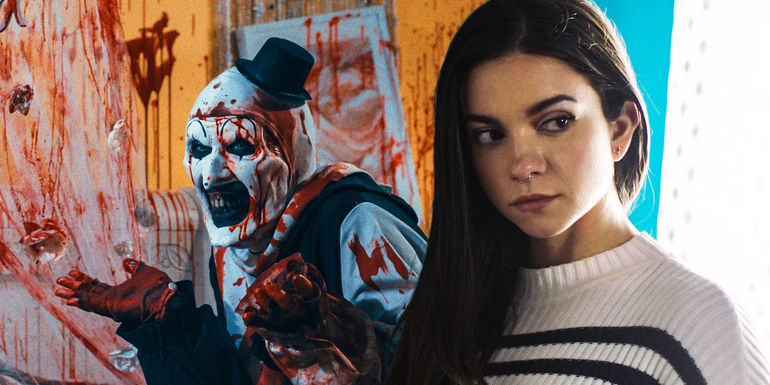 Split image of Allie and Art covered in blood in Terrifier 2 - Who Is Returning For Terrifier 3? - Terrifier 3 Cast