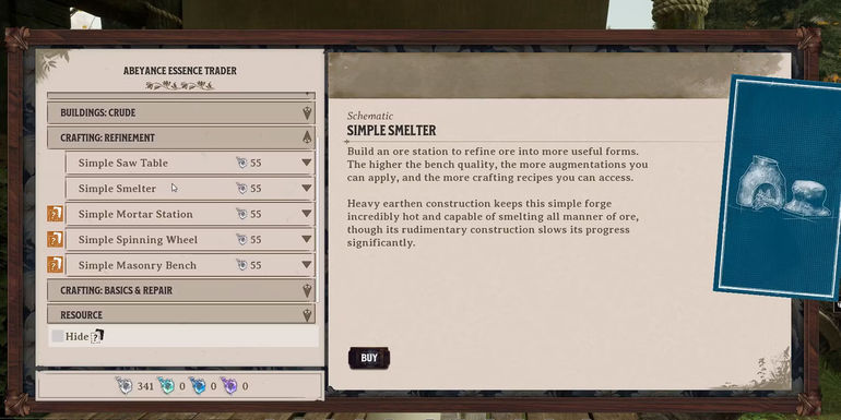 Simple Smelter schematic on Abeyance Essence Trader in Nightingale - Craft, Place, and Use the Simple Smelter