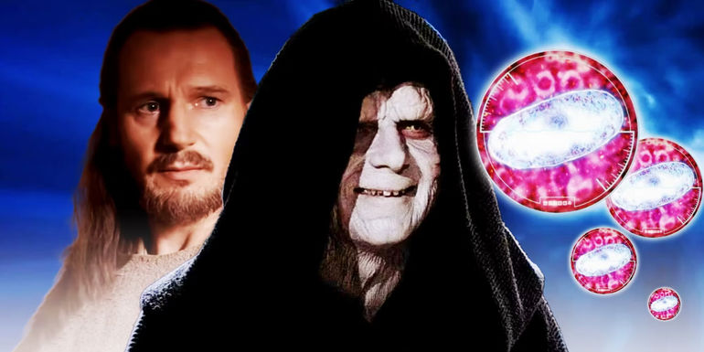 Palpatine in the forefront with Qui-gon Jinn and Midi-chlorians against a blue background