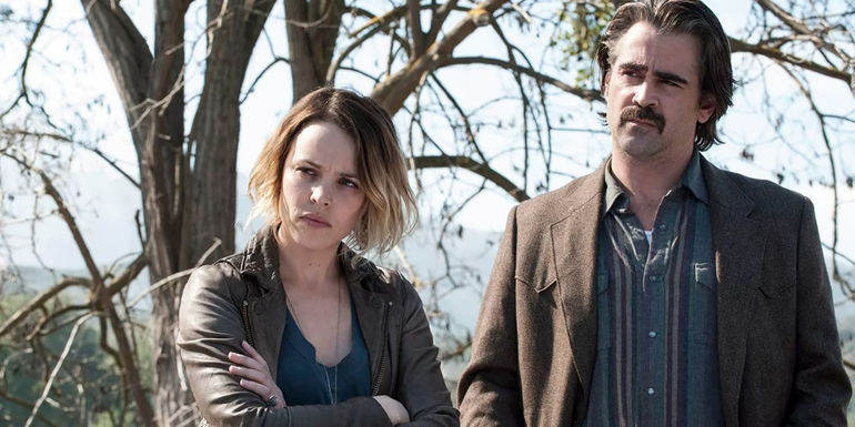 Rachel McAdams, arms folded beside Colin Farrell in a scene from True Detective season 2. - True Detective season 2 struggled to escape the first season's shadow. - True Detective Season 2