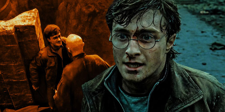 A composite image showing Harry Potter's face in the forefront and Harry and Voldemort facing off in the background from Harry Potter.  - Dramatized In Harry Potter & The Deathly Hallows - Part 2 - Harry & Voldemort's Final Battle