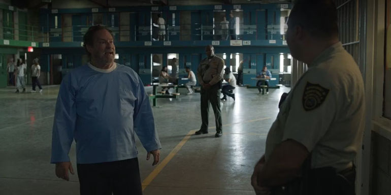 Fuches (Stephen Root) telling the prison guards that Barry is going to be assassinated in Barry season 4 episode 3. - Fuches Decision To Stop The Assassination Goes Wrong - Fuches Changes His Mind About Killing Barry