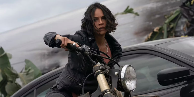 Image of Letty (Michelle Rodriguez) riding a motorcycle in Fast X
