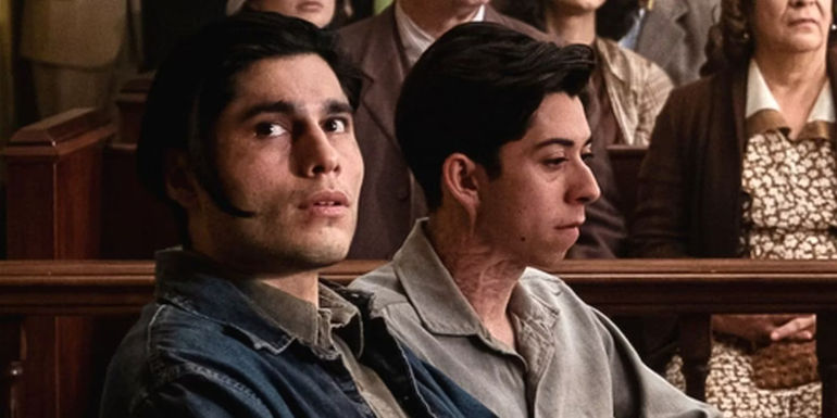 Rafael (Fabrizio Guido) and Mateo (Peter Mendoza) sitting in court looking scared in Perry Mason. - After Some Soul Searching And P.I. Work, Mason Accepts The Job - Mason's Investigation Convinces Him The Gallardos Have A Case And Della Agrees