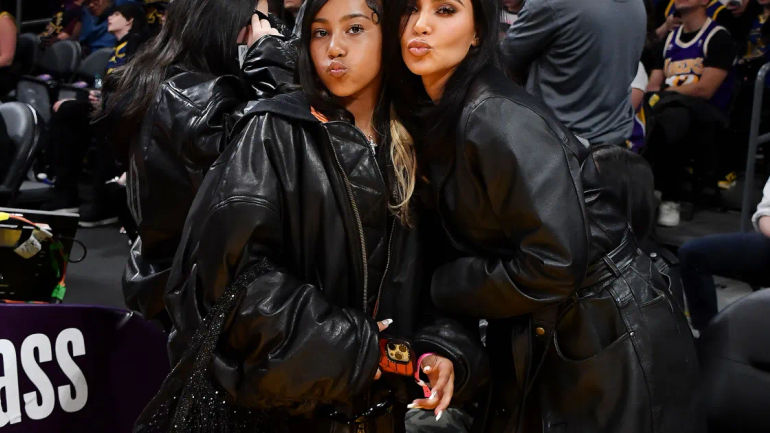 Kim Kardashian and North West Twin in Matching Black Leather Outfits at Lakers Game