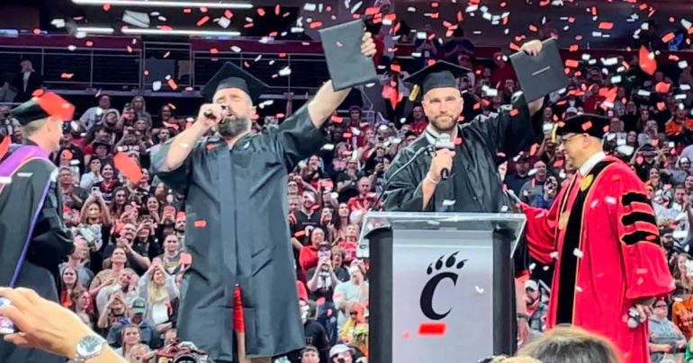 Travis and Jason Kelce Conclude 'New Heights' Live at University of Cincinnati Graduation Event