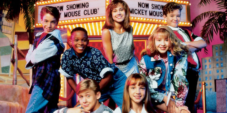 The cast of Mickey Mouse Club, including Ryan Gosling, Britney Spears, Christina Aguilera, and Justin Timberlake