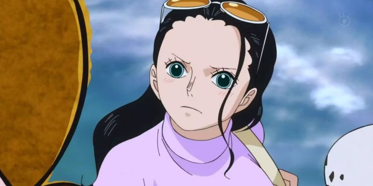 Nico Robin looks determined in a scene from One Piece.