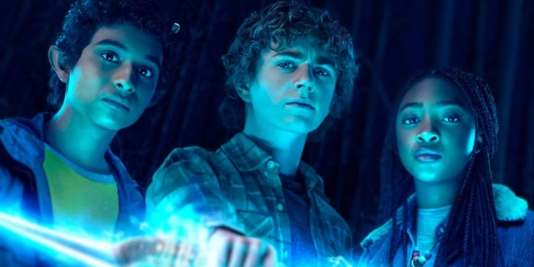 The characters from Percy Jackson & the Olympians are looking at something off-screen.