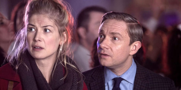Rosamund Pike and Martin Freeman look horrified in The Worlds End