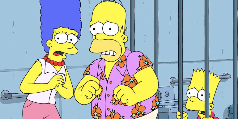 Homer and Marge look worried as Bart stands behind bars looking scared in The Simpsons season 35 episode 9