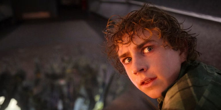 Percy Jackson looking back in fear during a fight at the St. Louis Arch