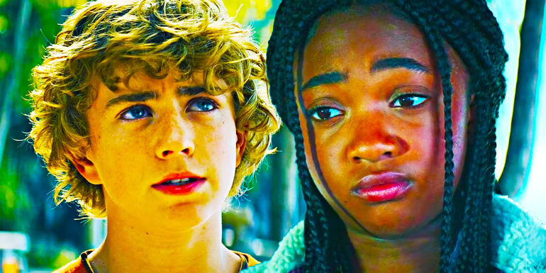 Collage of Walker Scobell as Percy Jackson and Leah Jeffries as Annabeth Chase looking unsure in Percy Jackson and the Olympians on Disney+