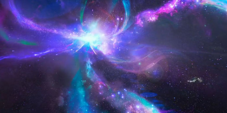 The USS Protostar explodes, leaving trails of purple and blue stardust in Star Trek: Prodigy' season 1 finale