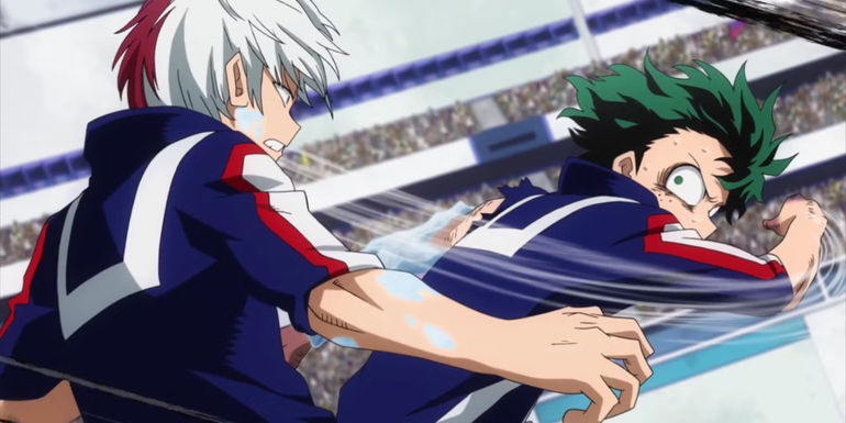 Deku throwing a punch at Todoroki in My Hero Academia