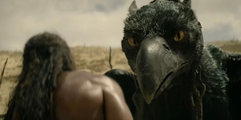 Staz Nair as Tarak bonding with a Bennu in Rebel Moon: Part One - A Child of Fire