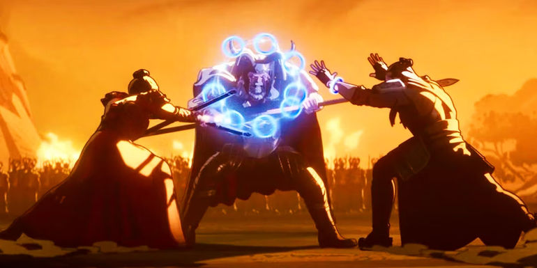 Hela and Xu Wenwu attacking Odin in What If...? season 2 episode 7
