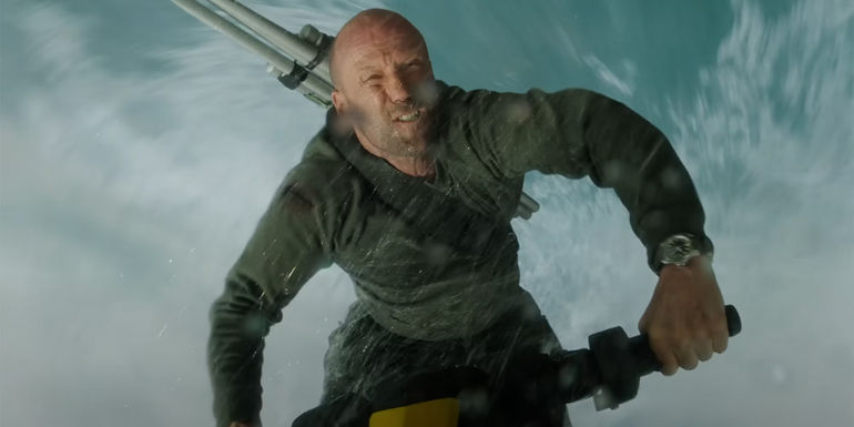 Jason Statham as Jonas Taylor on a jet ski in Meg 2: The Trench