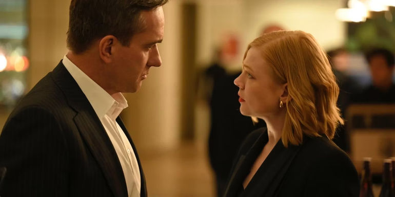 Matthew Macfadyen and Sarah Snook as Tom and Shiv at the Tailgate party in Succession season 4