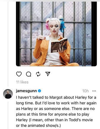 On Threads, James Gunn reveals he would love for Margot Robbie to continue as Harley Quinn in the new DC Universe