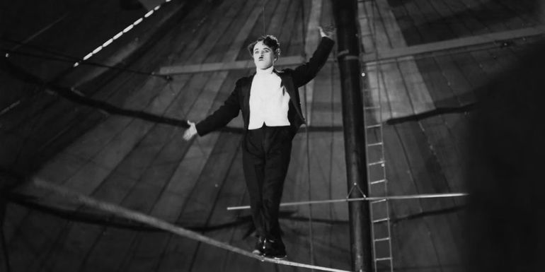 Charlie Chaplin on a tightrope in Circus