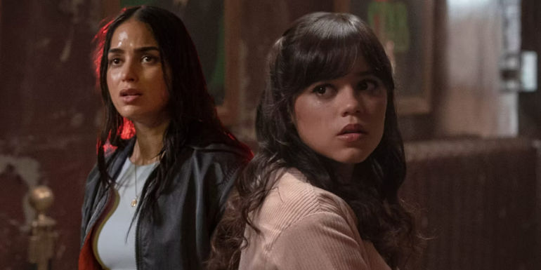 Custom edited image of Melissa Barrera as Sam and Jenna Ortega as Tara standing on the street in Scream 6