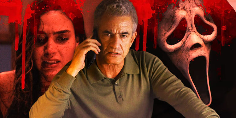 Composite of Melissa Barrera's Sam, Dermot Mulroney's Detective Bailey on the phone, and Ghostface in Scream 6