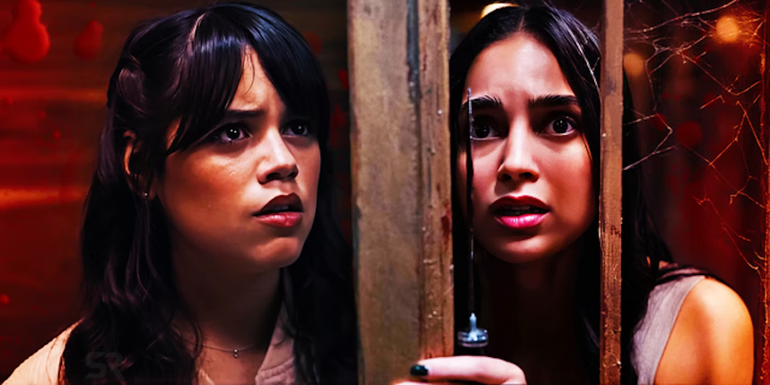 Custom image of Melissa Barerra's Sam and Jenna Ortega's Tara on either side of a wooden door in Scream 6