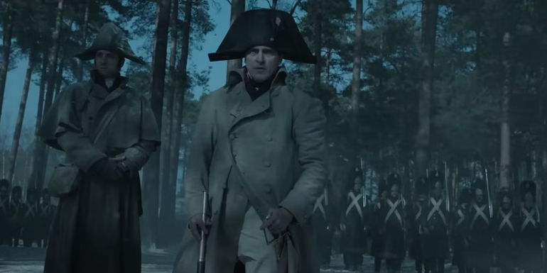 Napoleon Joaquin Phoenix in front of his army