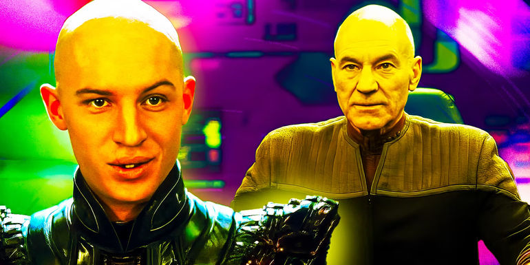 A bald headed villain in a ceremonial uniform and a bald headed starship captain in uniform