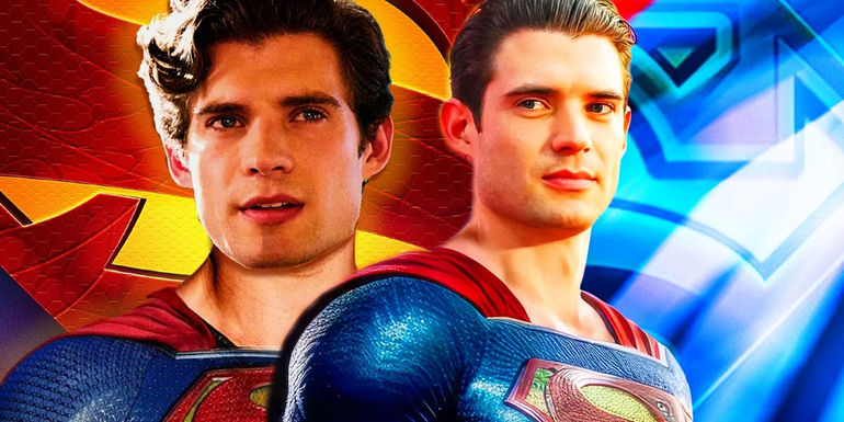 Custom image of David Corenswet as Superman in two different angles, with a red & yellow and a blue 
