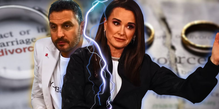 RHOBH's Kyle Richards & Mauricio Umansky, with divorce papers and wedding rings behind them, and a lightning bolt in between them