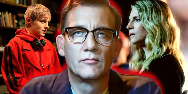 Emma Corrin as Darby, Clive Owen as Andy Ronson, and Brit Marling as Lee in A Murder at the End of the World