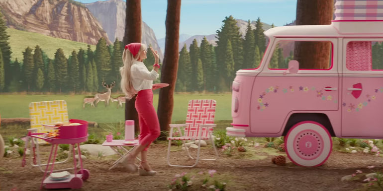 Barbie going camping in the Barbie movie
