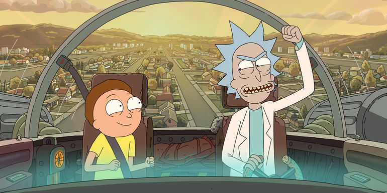 Morty and Rick celebrating in Rick's space craft in Rick and Morty