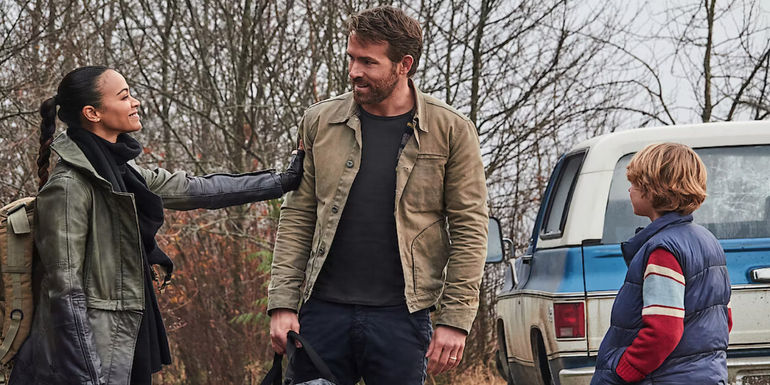 Ryan Reynolds, Zoe Saldana, and Walker Scobell in The Adam Project.