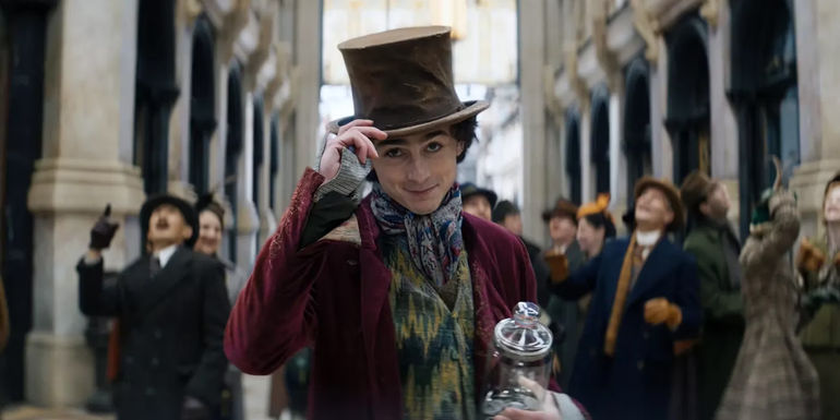 Timothee Chalamet tipping his hat in Wonka.