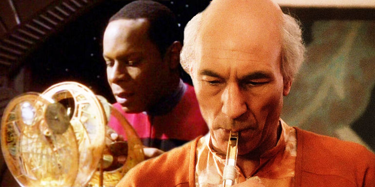 Sisko building a clock, Picard playing a flute