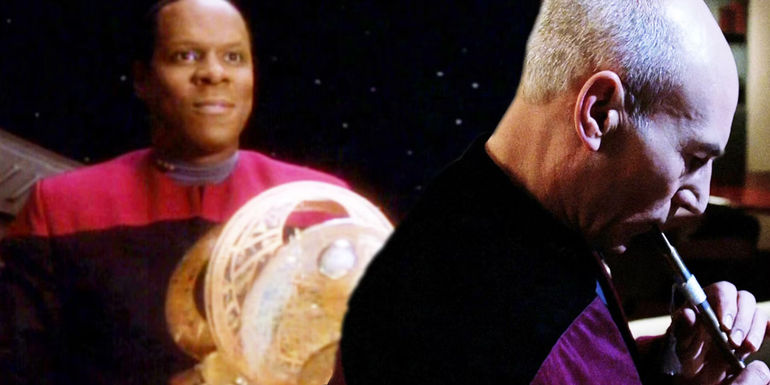 Sisko looks amazed by a clock that he's built while Picard mournfully plays the flute