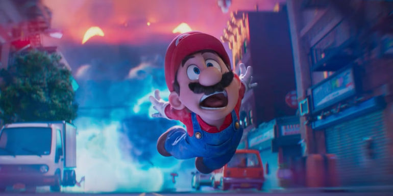 Mario flying in the air after an explosion in The Super Mario Bros Movie